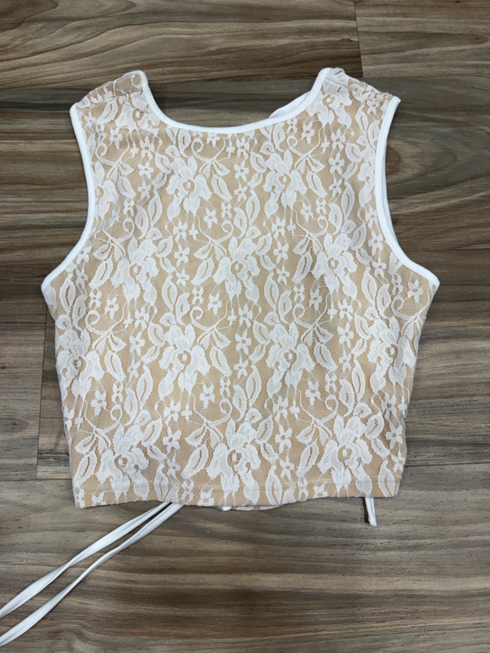 Fashion Nova White Lace Cropped Tank with Beige Lining